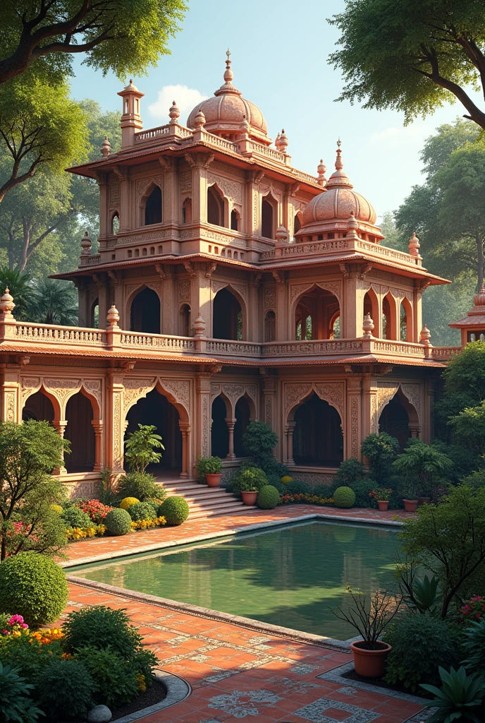 a good designer Indian vintage royal house with flower garden, kitchen garden, fruit garden, pond and tree house