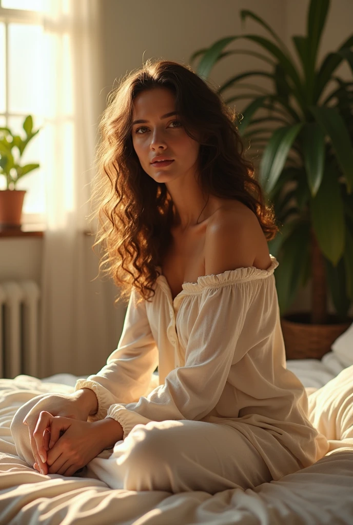 (photorealism:1.2), beautiful woman, sitting on bed, wearing loose off-shoulder top, pajama pants, long curly hair, indoors, soft lighting, plants in background, window with sunlight, cozy room, relaxed pose, realistic, intricate details, warm colors, by Greg Rutkowski, by Alphonse Mucha