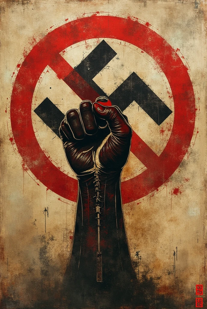 Two suffering hands holding the Nazi flag