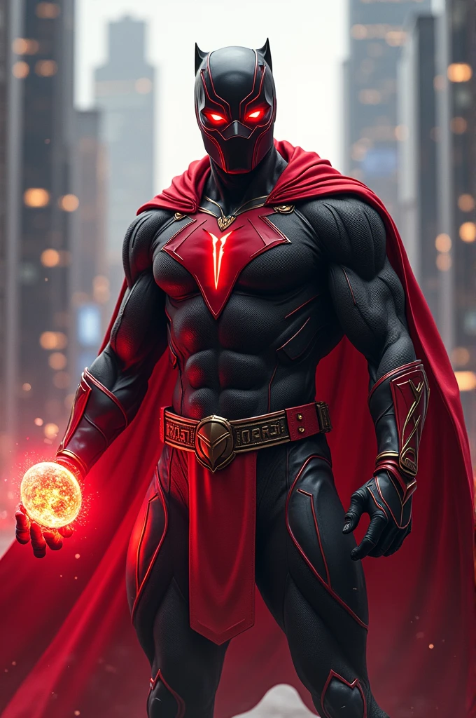 create an image of a male superhero named scarlet with a reality gem with a costume similar to black panther and moon knight and a mask similar to covid
