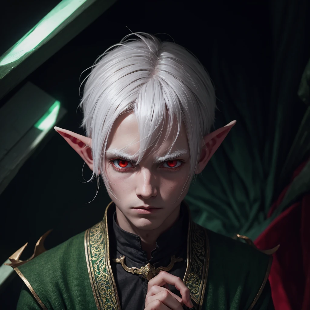 1 boy, white hair, elf, pointy ears, sad red eyes, torn green clothes,