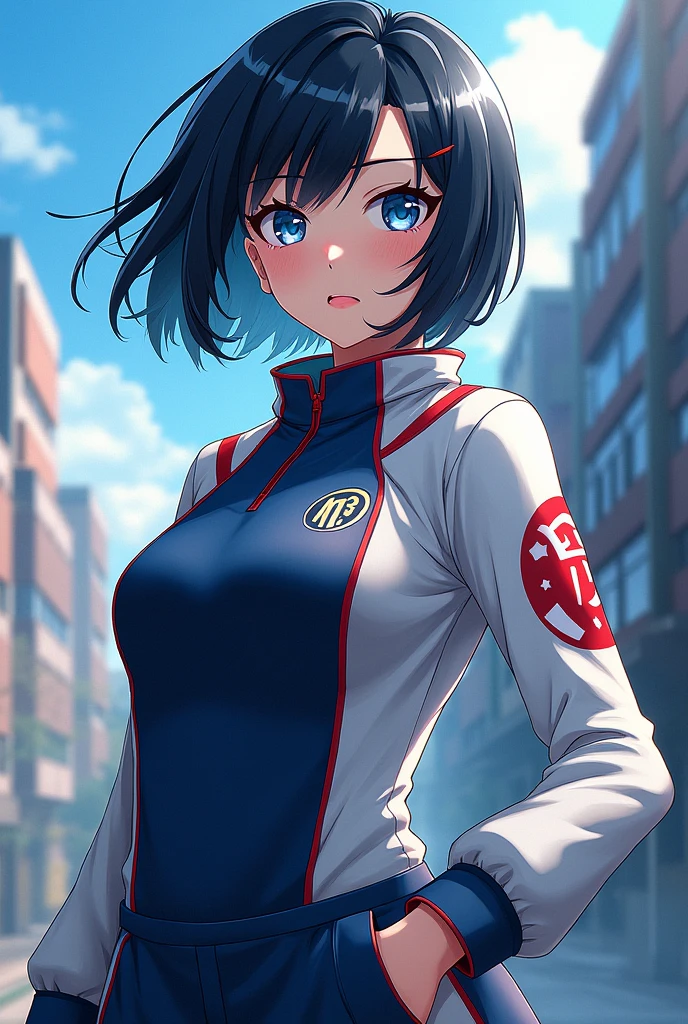 A character from my hero academia Woman,short black hair, light blue eyes, with UA sportswear