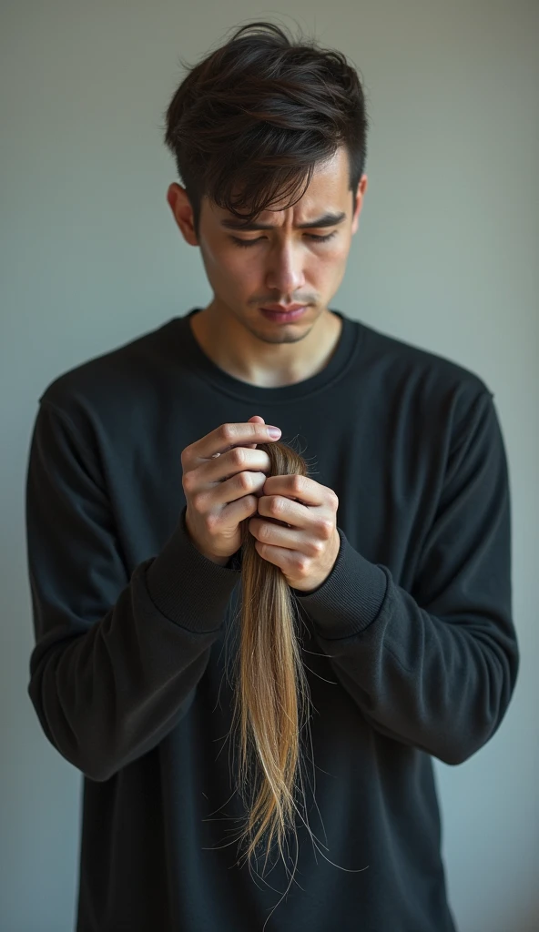 Create an image for me of a young man with hair loss, holding the hair that fell out. I need to get the public's attention