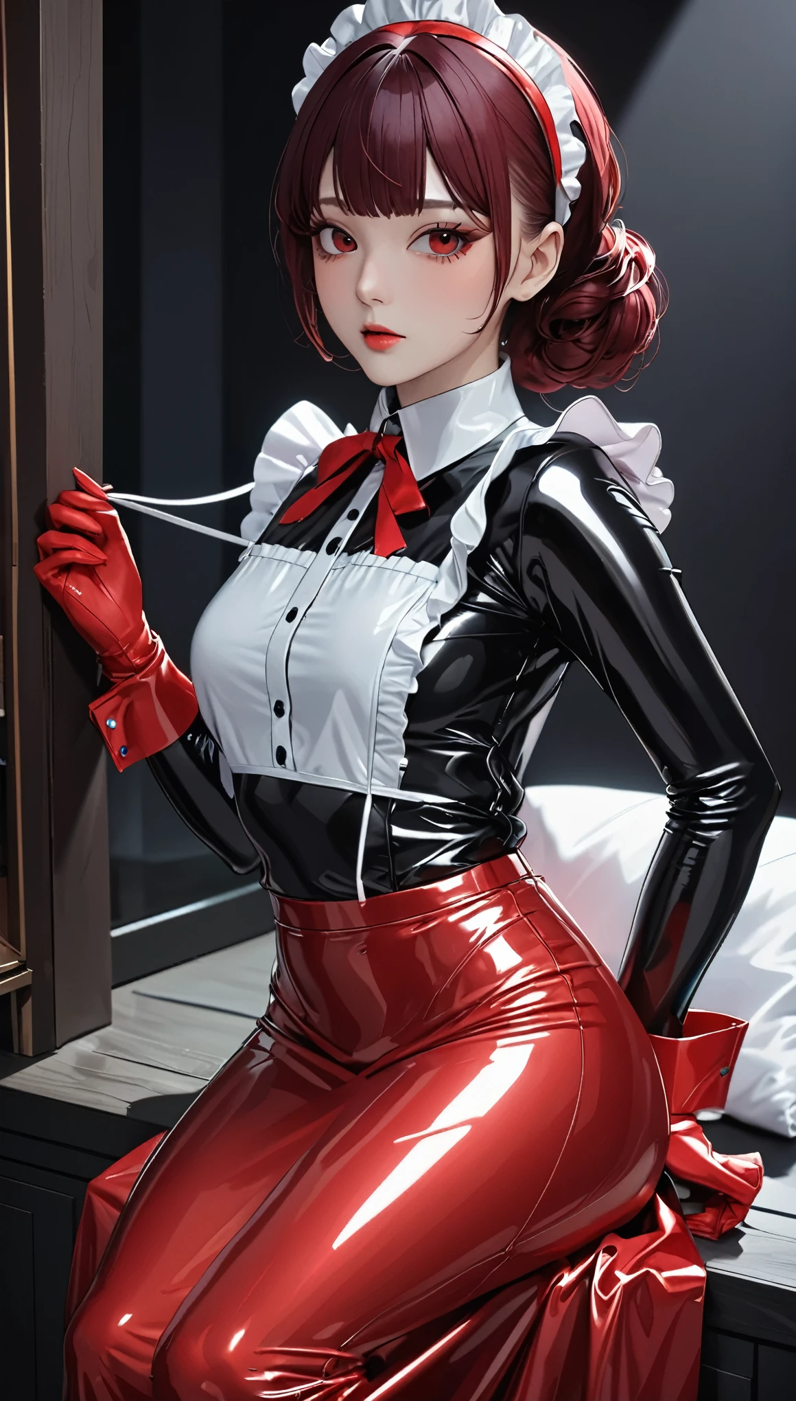 Portraiture、(masterpiece,Highest quality,Ultra-high resolution),Japanese women, (((A very beautiful 25 year old))),(Pale red latex maid outfit)、((Pale red latex long skirt))、(A long-sleeved latex shirt that covers the upper body)、Pale red latex gloves、Pale red latex socks、Pale red latex bodysuit、Frills、Latex is very shiny、Dark Room