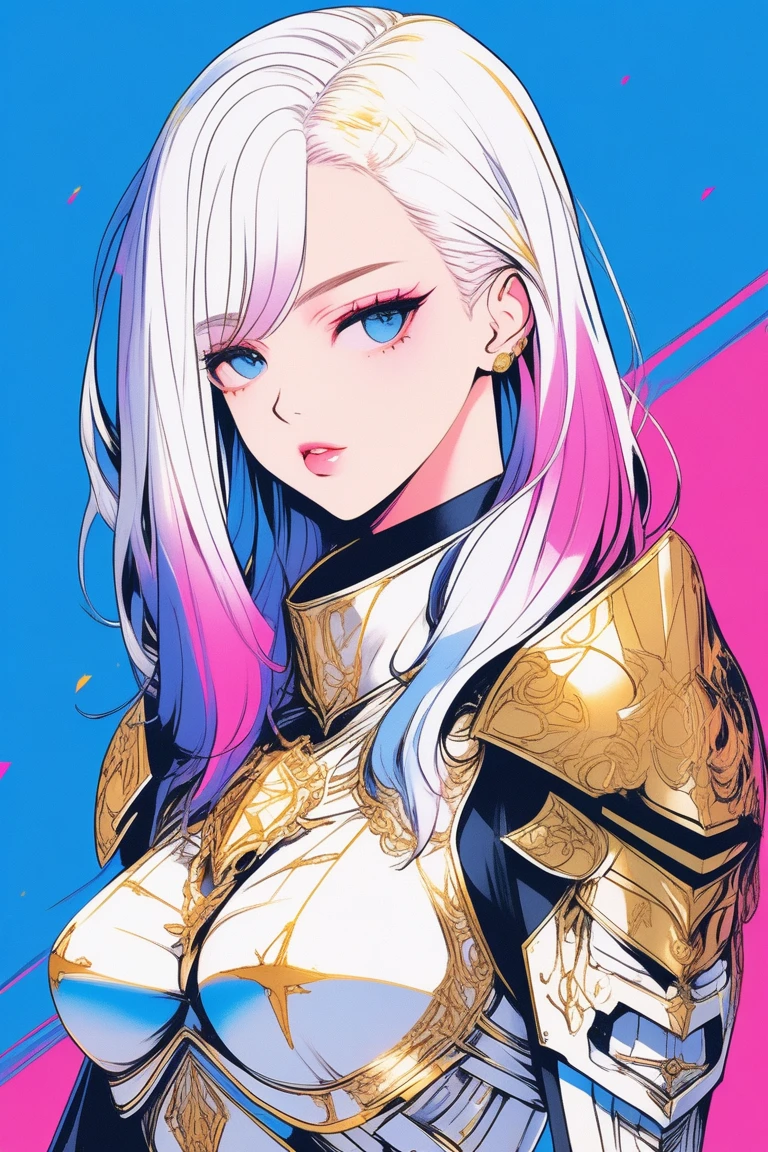 Illustrator, anime , Realistic ,sketch , 1 person, model, Age 25, lip, Sexy and revealing white and gold priest armor dress(Holy Gun), order, Blue and pink gradient background, Neon Hair, Big Breasts, Her cleavage is visible, look back, Upper Body, Sexy look, Texture Trim, Russia, (masterpiece,Highest quality)