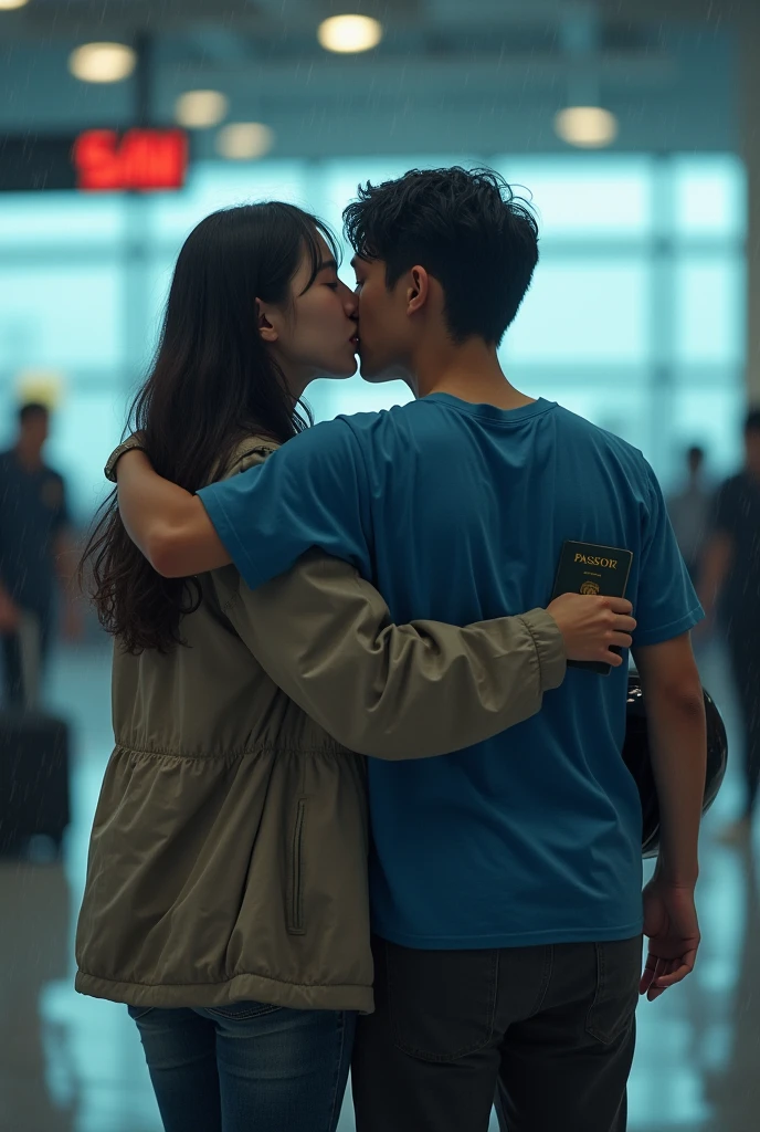 Heart break couple, airport, asian, rain, late to flight, passport in the girl's hand, hug, flight, A helmet in the boy's hand, boy wet hair & cloths, blue t shirt