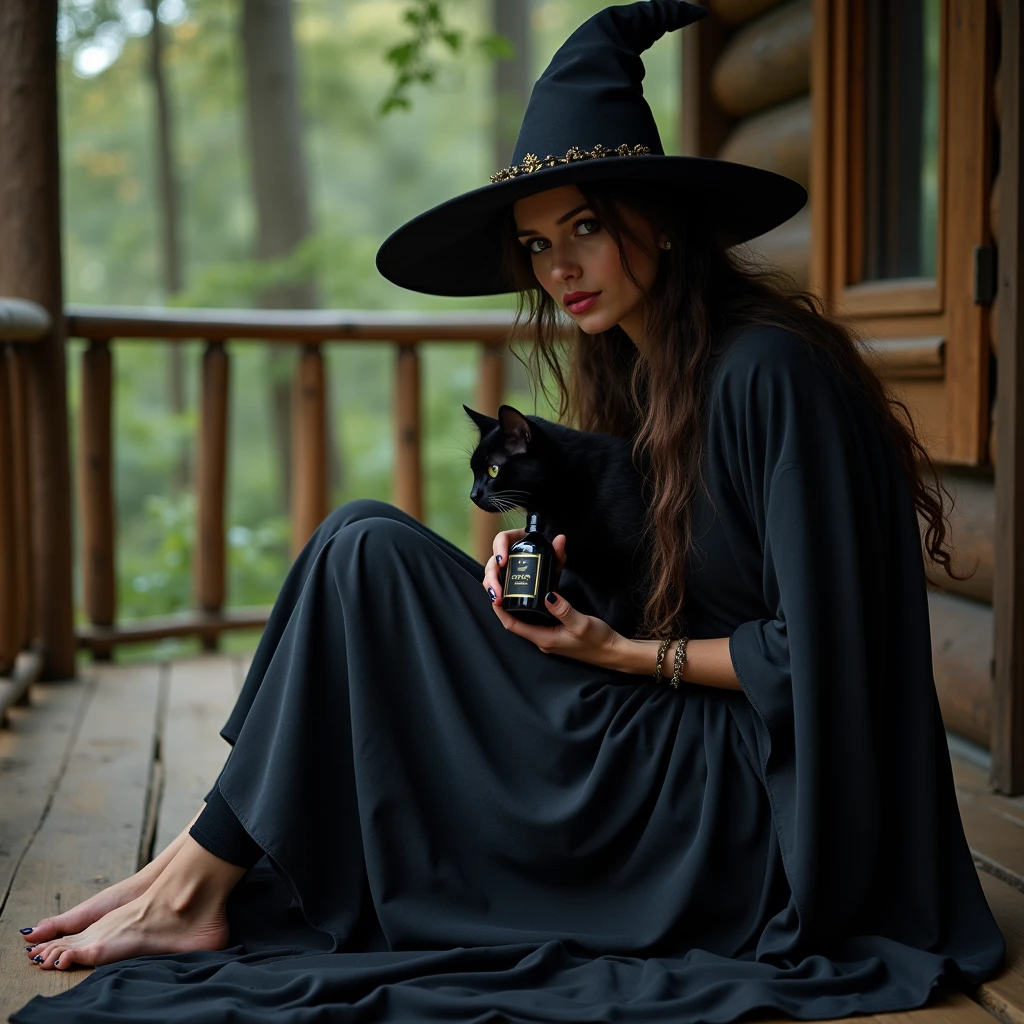 Araffe woman in a witch costume sitting on a porch with a cat - SeaArt AI