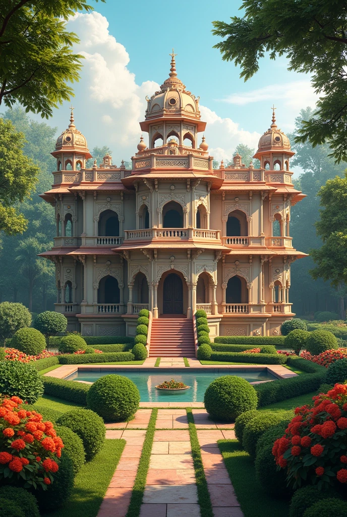 a good design Indian vintage royal house with flower garden, kitchen garden, fruit garden, pond and tree house
