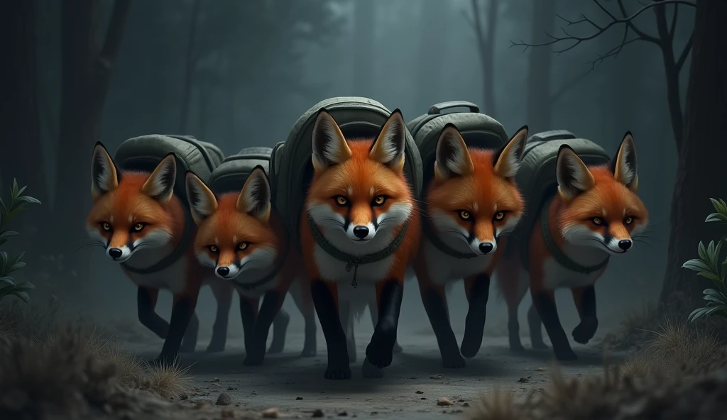 SEVERAL FOXES MOVING FORWARD OUT OF THE DARKNESS WITH BACKPACKS ON THEIR BACKS AFTER A SAD MOMENT
