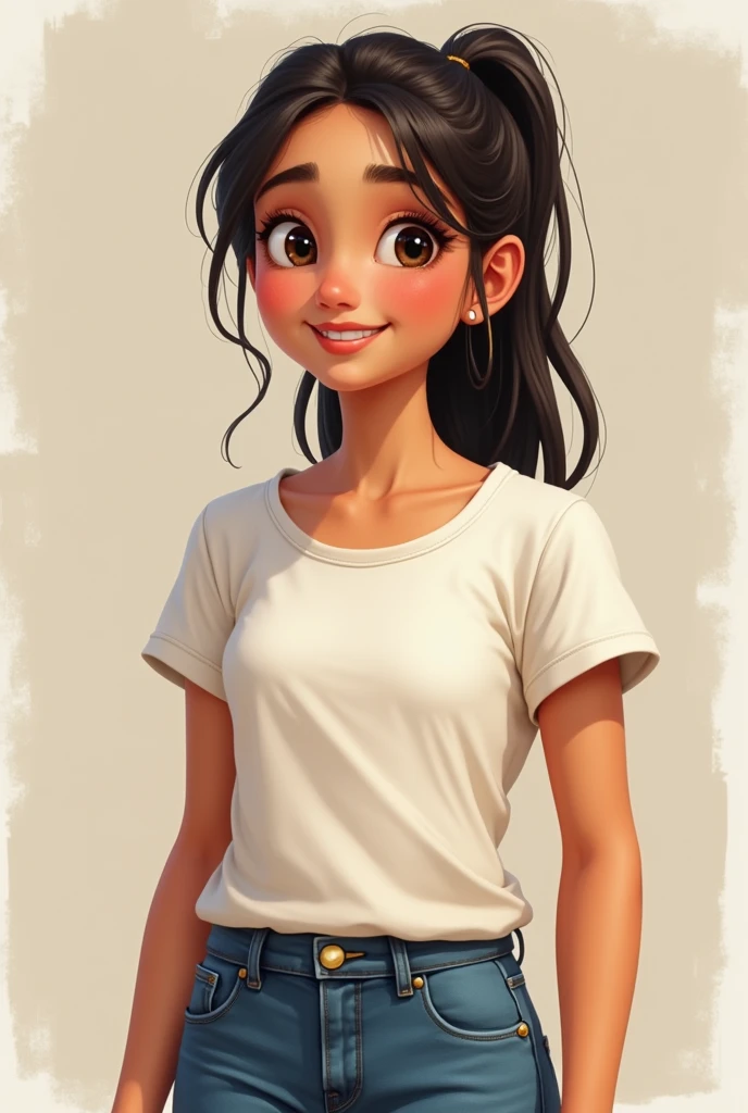 A detailed portrait of an -yeld fee indian teenager. She has a frame, a youthful glow to her complexion, expressive eyes filled with curiosity, and a dimpled smile. She has medium-length hair tied up in a casual ponytail. She is wearing a comfortable and stylish t-shirt and jeans,