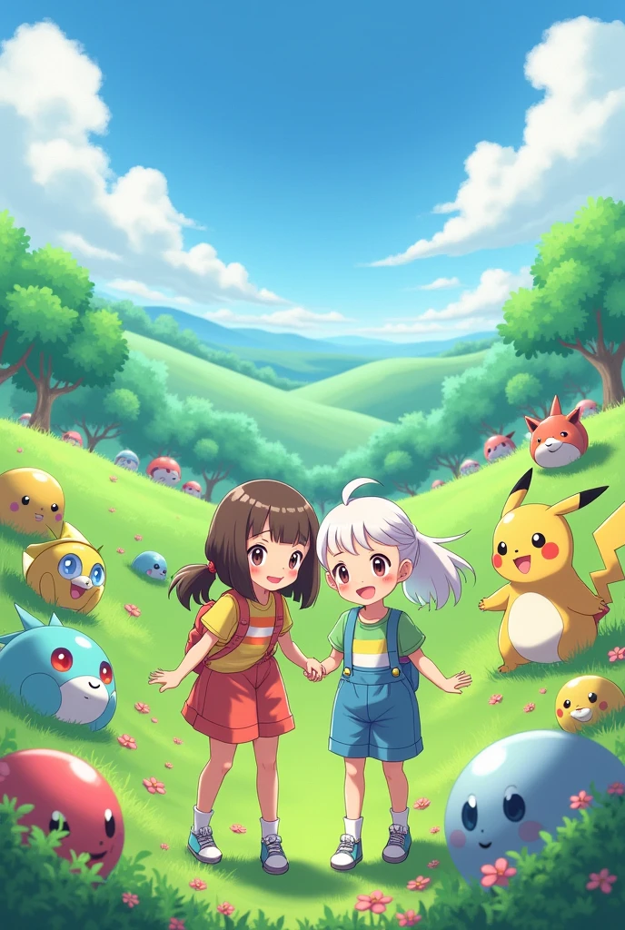 A pokemon landscape with two cute girls, a straight brunette and a white ponytail