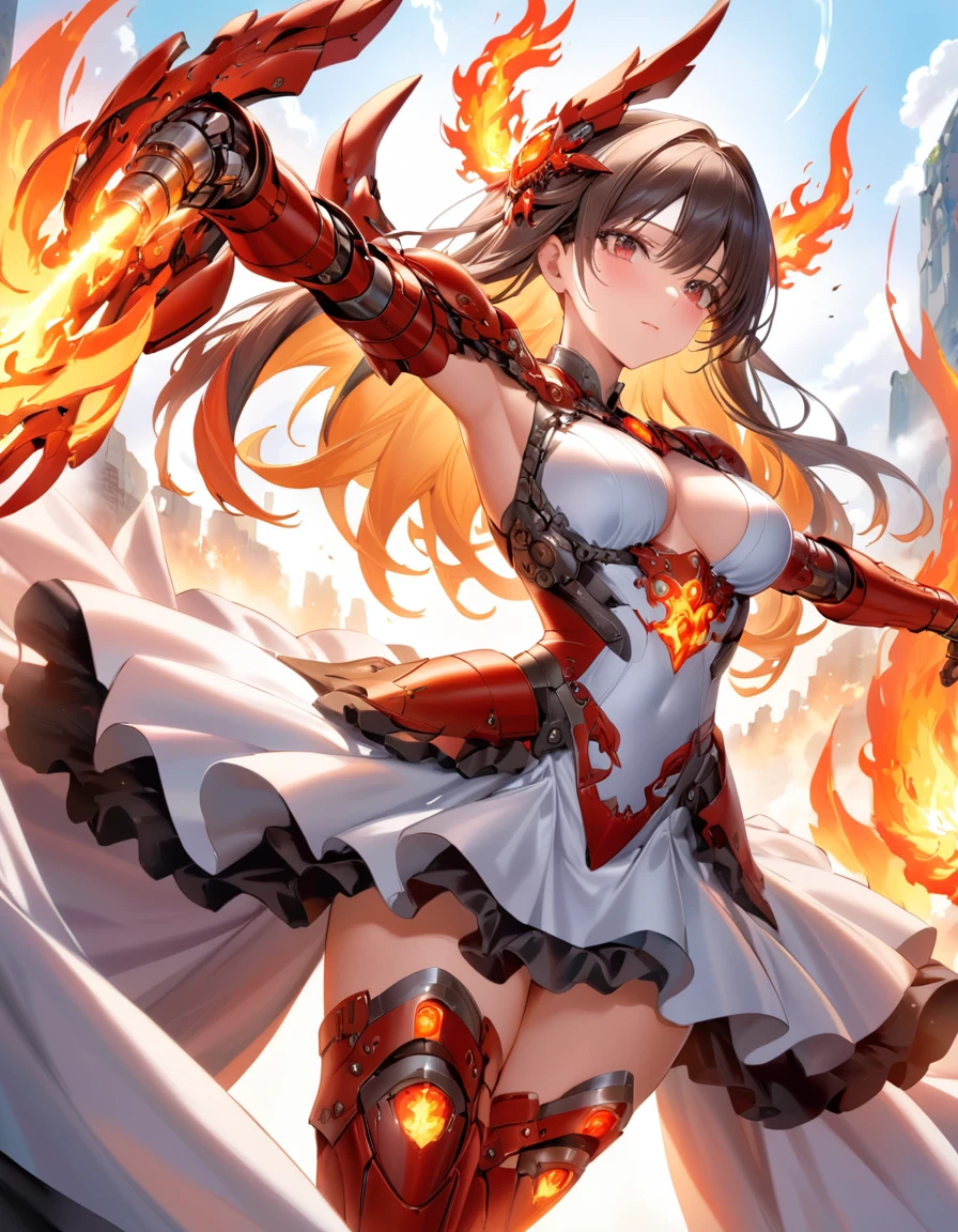 absurdres, best quality, masterpiece, ultra detailed beautiful moe anime, dynamic angle, action pose, The frilly mech princess clad in flames appears as if she has emerged from another world. Her mechanical body is intricately crafted, and a frilly dress elegantly covers her mechanical parts. Flames rise around her, emitting a dazzling light as they envelop her. Her eyes are a fiery red, conveying a strong will. On the battlefield, she overwhelms her enemies with her fiery power, captivating onlookers with her beauty and strength. Her presence is like that of a heroine from a legend.