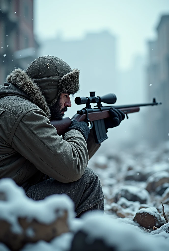 Russian sniper in rubble in Stalingrad at minus 15 degrees Celsius