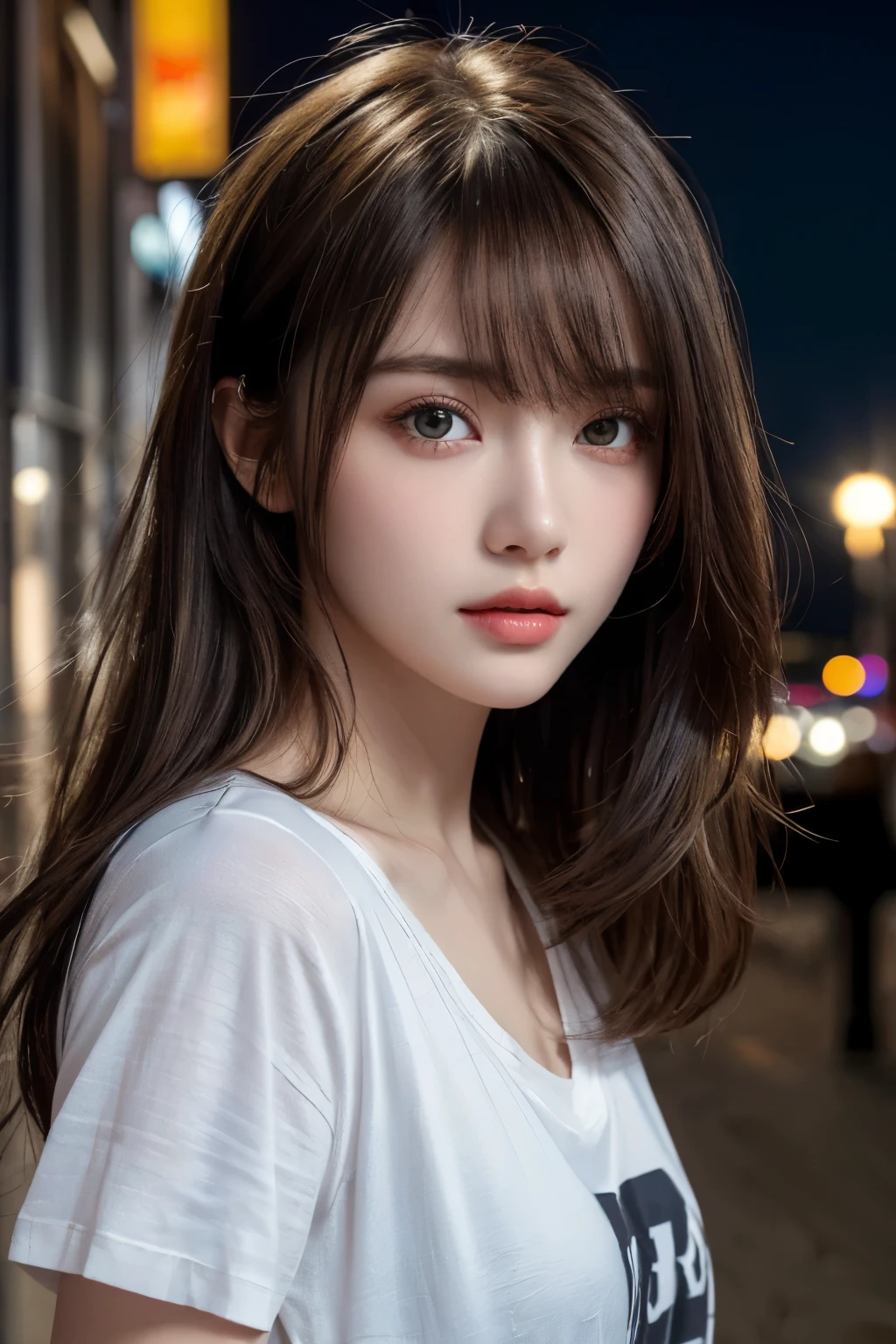 (Highest quality, High resolution, masterpiece :1.3), Beautiful woman, Slim figure, Blonde, T-Shirts, Standing on the beach, Highly detailed face and skin texture, Detailed eyes, double eyelid