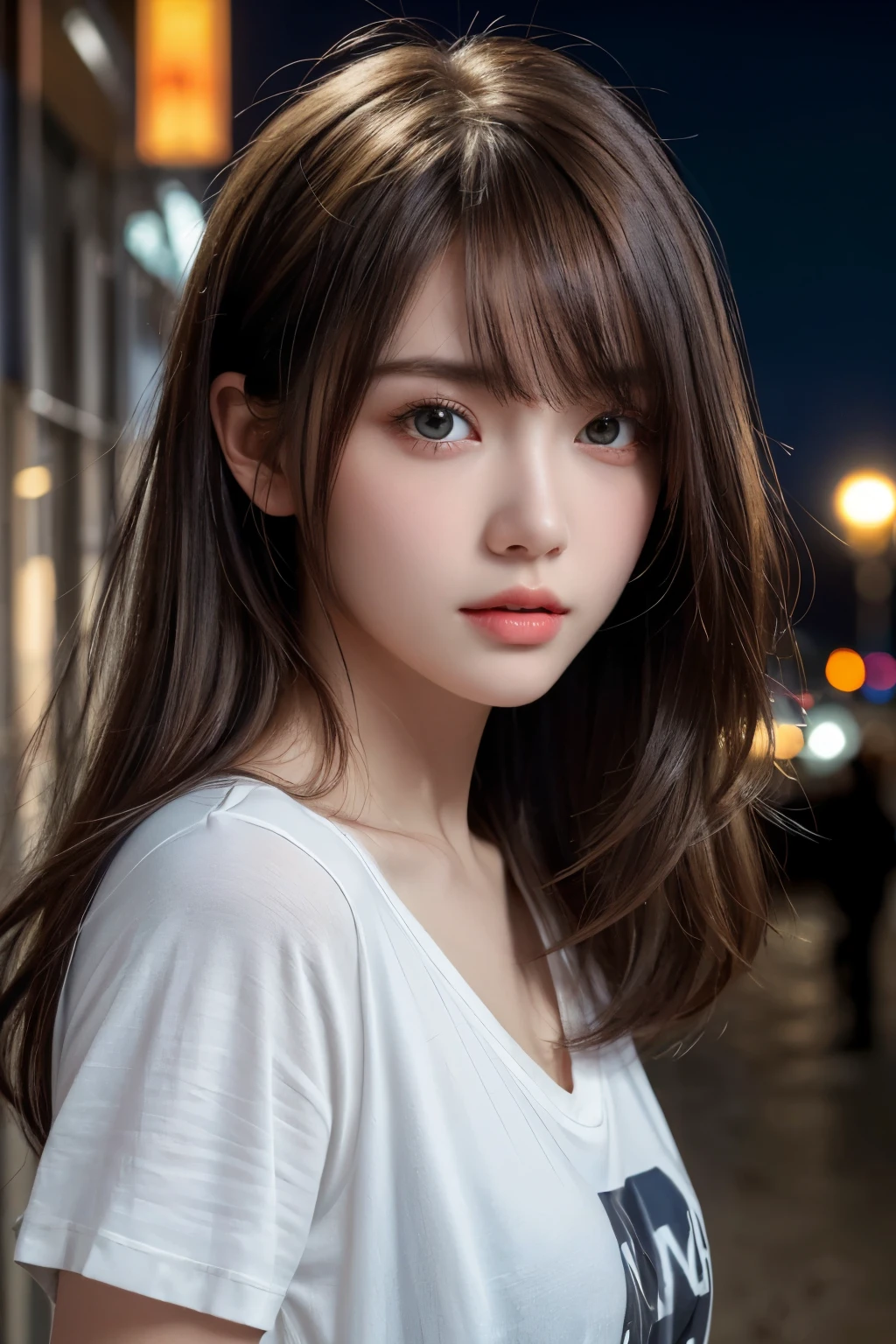 (Highest quality, High resolution, masterpiece :1.3), Beautiful woman, Slim figure, Blonde, T-Shirts, Standing on the beach, Highly detailed face and skin texture, Detailed eyes, double eyelid