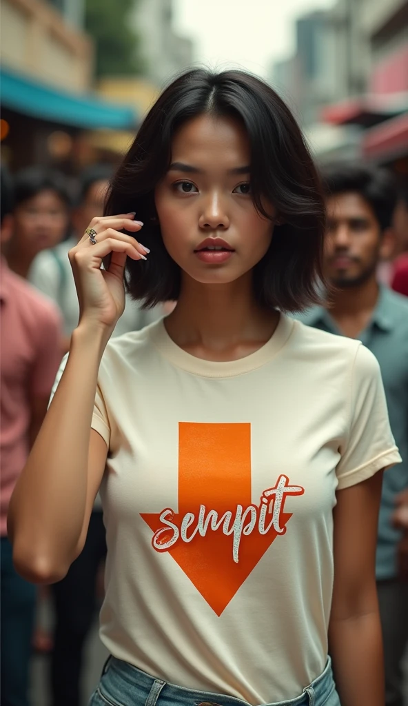 A beautiful Indonesian woman, wearing a cream coloured t-shirt with a strong vector design featuring a silhouetted image of a downward arrow symbol in orange overlaid with love and light. The sentence "SEMPIT" is displayed in elegant and simple bold letters, distressed typography with pastel colours, while holding a vagina part, miniskirt, short wavy hair, one hand pose to untangle her hair, in a public place, surrounded by many men, seductive pose, jav idol, with front shooting angle, very realistic, (complex detail: 0.9), (hdr, hyperdetail: 1.2), RAW, Sony Alpha a9 II, 24-105mm f/4, HDR,