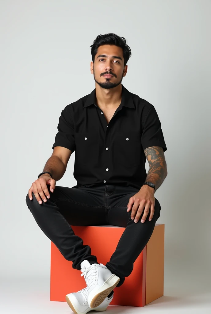 best qualityer:1.4), (ultra high resolution:1.2), (photorrealistic:1.4), (8k, CRU photo:1.2), ung man, 25 years old, with white skin. Straight black hair with a little volume. honey-colored eyes . He's wearing a black button-down shirt. black jeans pants. White sneakers. He is sitting on a colored cube. It is in a photography studio with a white background. He has a tattoo on his left arm. has beard. He is Brazilian