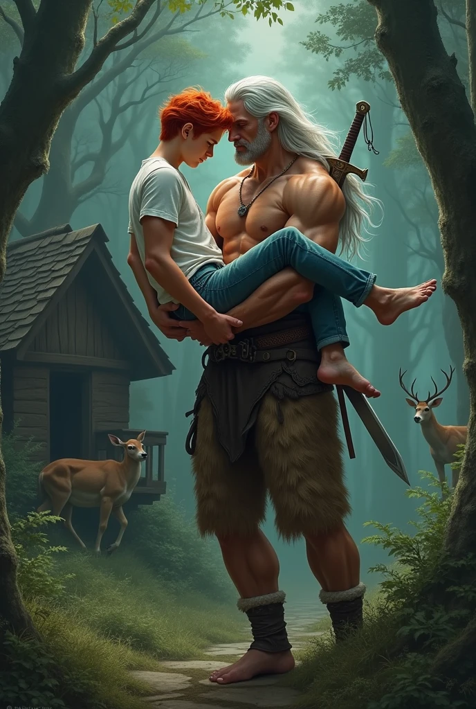 two mens, an 18 year old young man, red hair, corpo magro e red hair, wearing jeans and a white t-shirt and a man with long, white hair and a youthful appearance, much taller than the red-haired man, apparently 30 year old hairy chest, muscular and sexy with animal skin pants and holding a sword on his back. Carrying the red-haired man in his arms. They are in a dark, enchanted forest near an old cabin with a deer walking around.