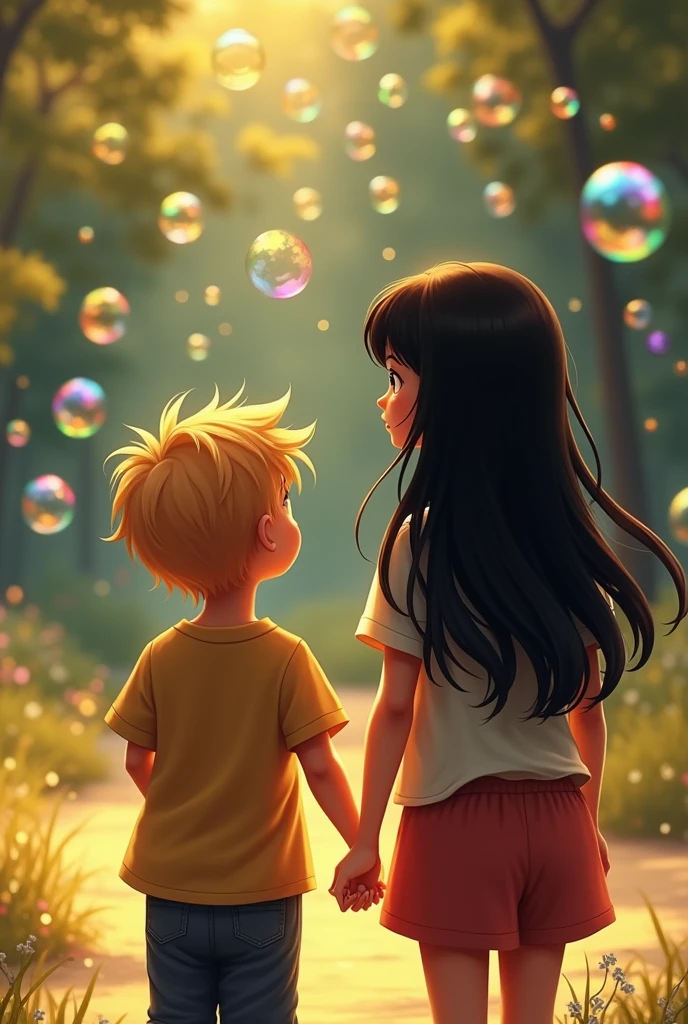 A Brazilian woman from behind with long black hair and bangs with her 3-year-old blond son from behind also with slightly voluminous hair, they are playing with colorful soap bubbles 