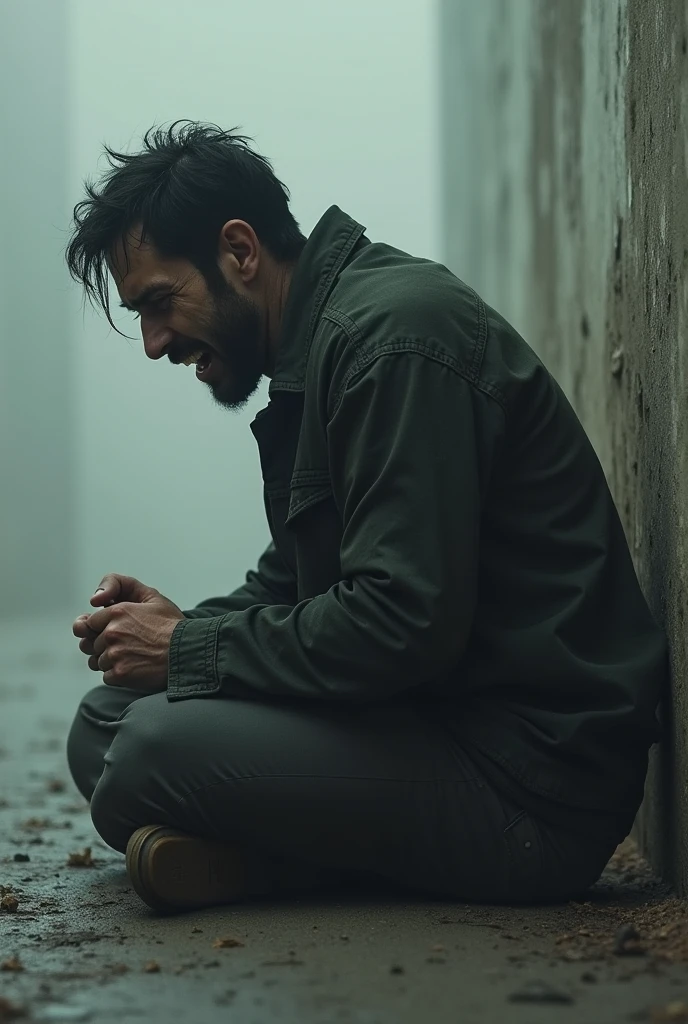 Create a traumatized man on his knees, depressed, but in profile