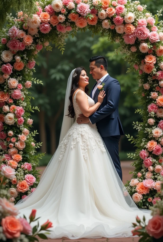 real pinoy couple fat girl amd boy slim wearing wedding with background arounding flowers