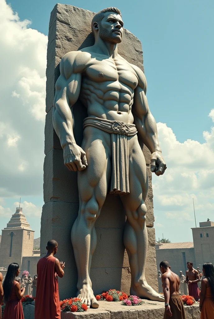 La statue d'un jeune africain musclé. Une statue en pierre, représentant un jeune homme africain musclé dans une posture héroïque, se dresse au centre du village. Les détails de la statue montrent un guerrier fier et résolu, mais une larme coule sur sa joue en pierre. La statue est entourée de fleurs et d'offrandes, alors que les habitants s'inclinent en signe de respect. Le ciel est clair, mais l’atmosphère est chargée d’émotion, rendant hommage à son sacrifice.