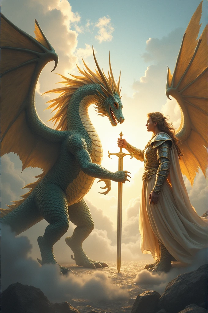 Dragon facing an archangel with a sword