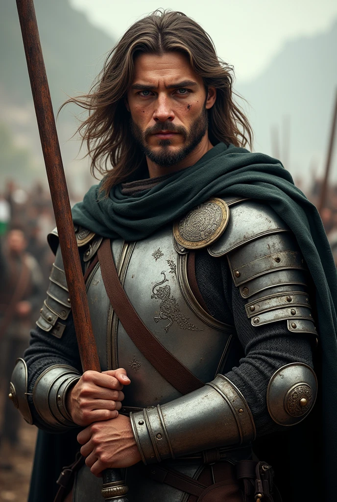 Short Italian soldiers, 27 years old, long brown hair, gray eyes, wearing sturdy medieval armor. He holds a battle hammer