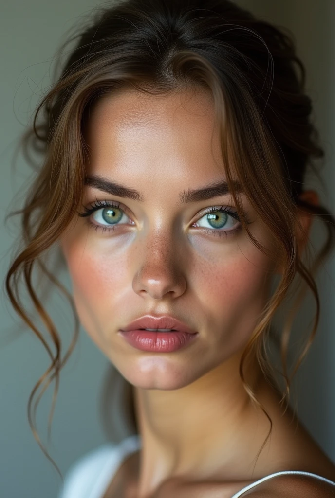 Photo of Ukrainian woman. Fits the face. 25 years old, sharp chin, raw photo, masterpiece, highly detailed photo, DSLR, photorealistic 3.9, ultra high resolution, top quality, pink lips, perfect makeup, big, bright green eyes, white