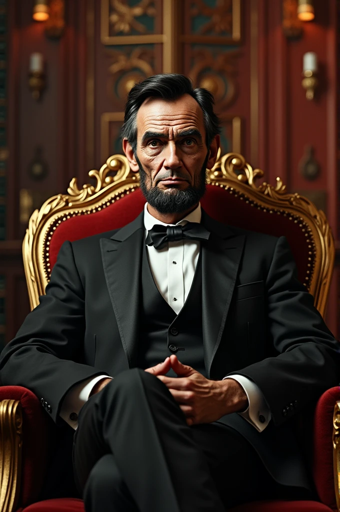 Recreate the image of Toni Montana from the movie Scarface when he is sitting in a king-size chair but put the face of Abraham Lincoln 