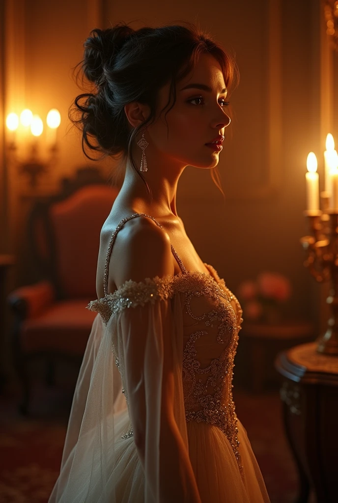 A captivating portrait of a woman, elegantly dressed in an ornate and sheer gown adorned with intricate lace and sequin details. A small candlelight illuminates the room, casting a warm and intimate glow on her delicate features and the subtle curves of her body. The background reveals a richly decorated chamber, filled with luxurious furnishings covered by shadow, creating a soft, golden-brown ambiance.