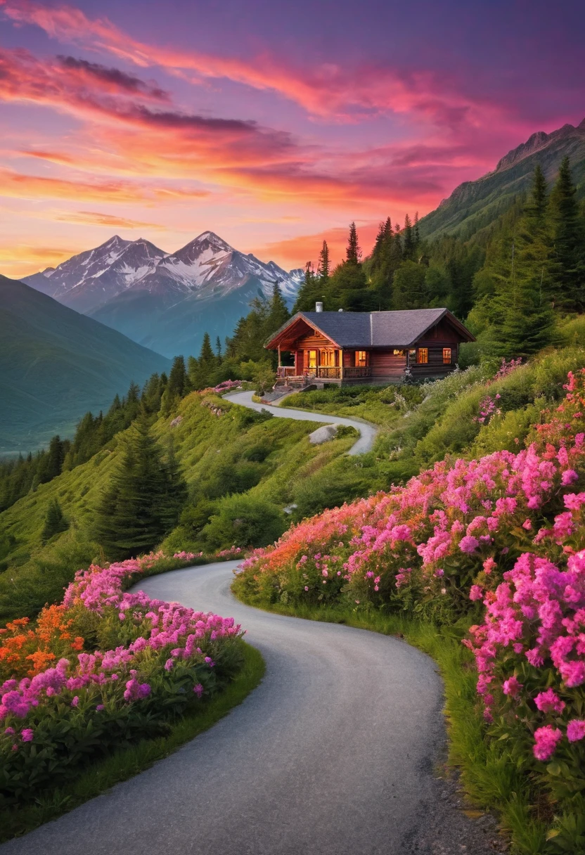 The image is a beautiful landscape of a mountain range at sunset. The sky is filled with vibrant colors of orange, pink, and purple, with the sun setting in the distance. The mountains are covered in green trees and shrubs, and there is a winding road in the foreground with a small cabin on the left side. The road is surrounded by pink flowers, and a car can be seen driving on it. The overall mood of the image is peaceful and serene.4k realistic