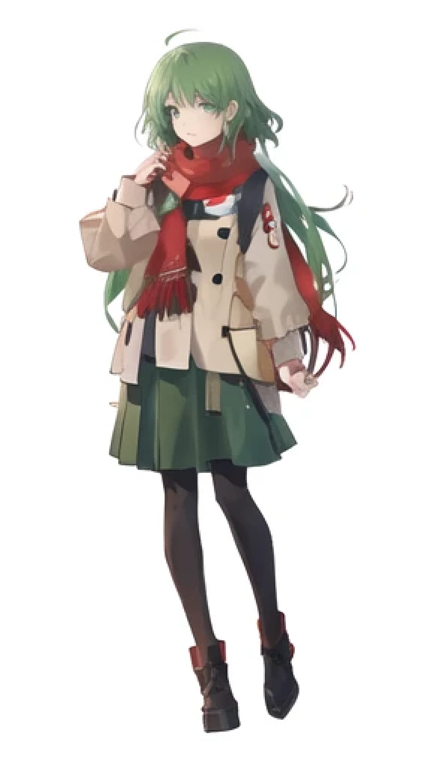 An anime character with green hair and a red scarf stands in front of a black background.,