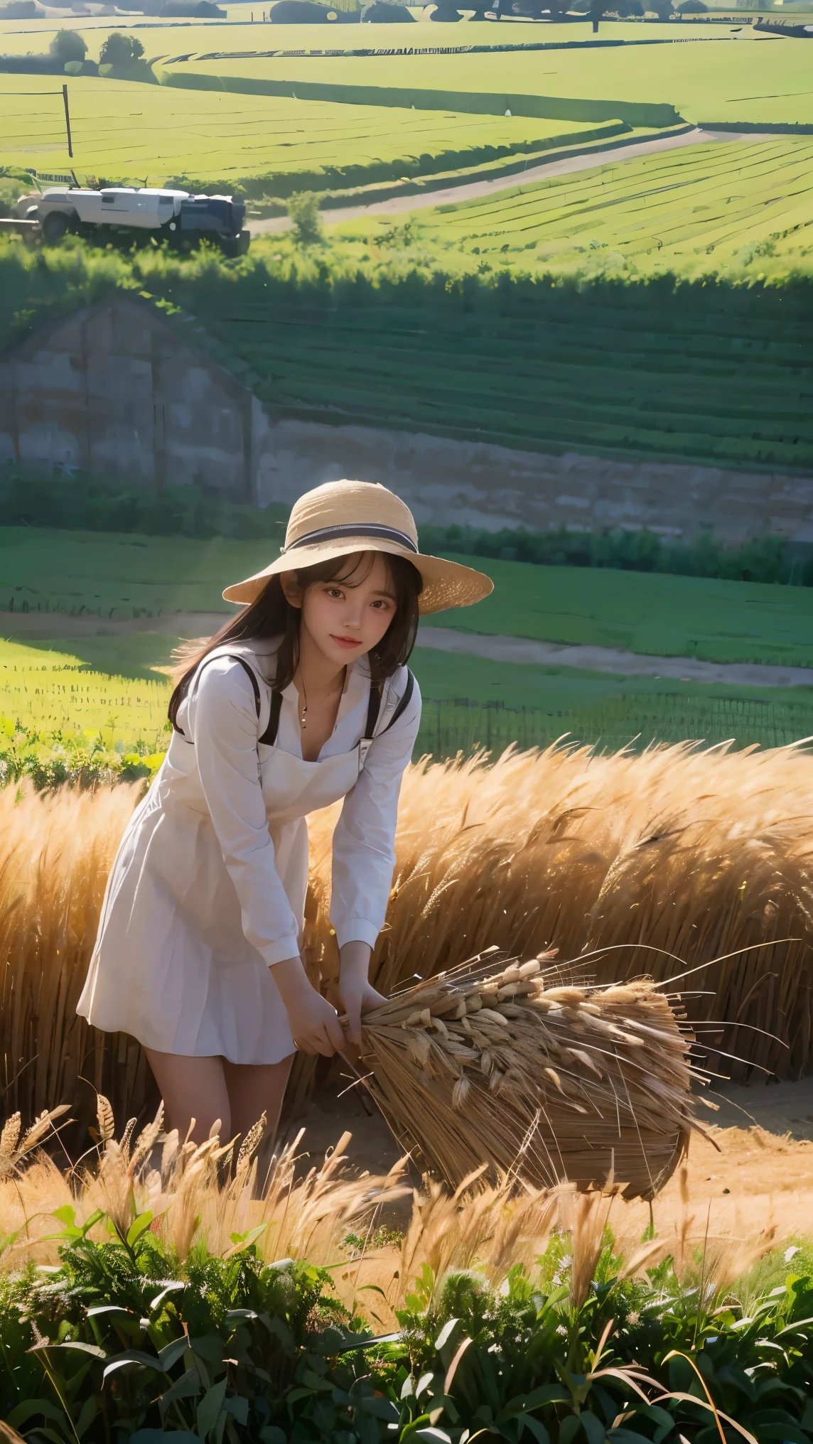 1girl, farmer girl, Masterpiece, best quality, (very detailed CG unified 8k wallpaper) (best quality), (best illustration), (best shade) nature harvest wheat, super meticulous , people working in the fields