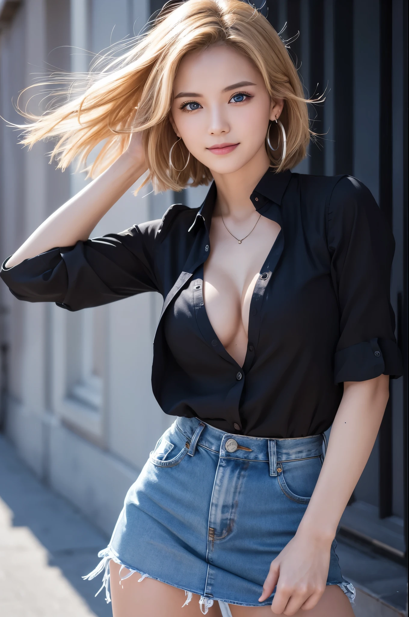 8k,Highest quality, High resolution, AND18, One Girl, Android 18, alone, Blonde, blue eyes, short hair, Earrings, jewelry, Denim dress, Open Vest, Black Pantyhose, Black Shirt, Jeans Skirt, Blue Skirt, Medium chest, street, (External dilated chest: 1.2)　Energy is released from the body　(Blue white light effect),Highest qualityのフォトリアリスティックRAW写真。Backlight、Cinema Lighting、Film Grain、50mm lens、Nikon D850、Realistic Skin、Fantasy art、Character Art、超High resolution、muscular and slim body、超Realistic Skin、Super Muscular Beauty,smile,Dynamic karate pose with clenched fists,Showing cleavage,Bust close-up,