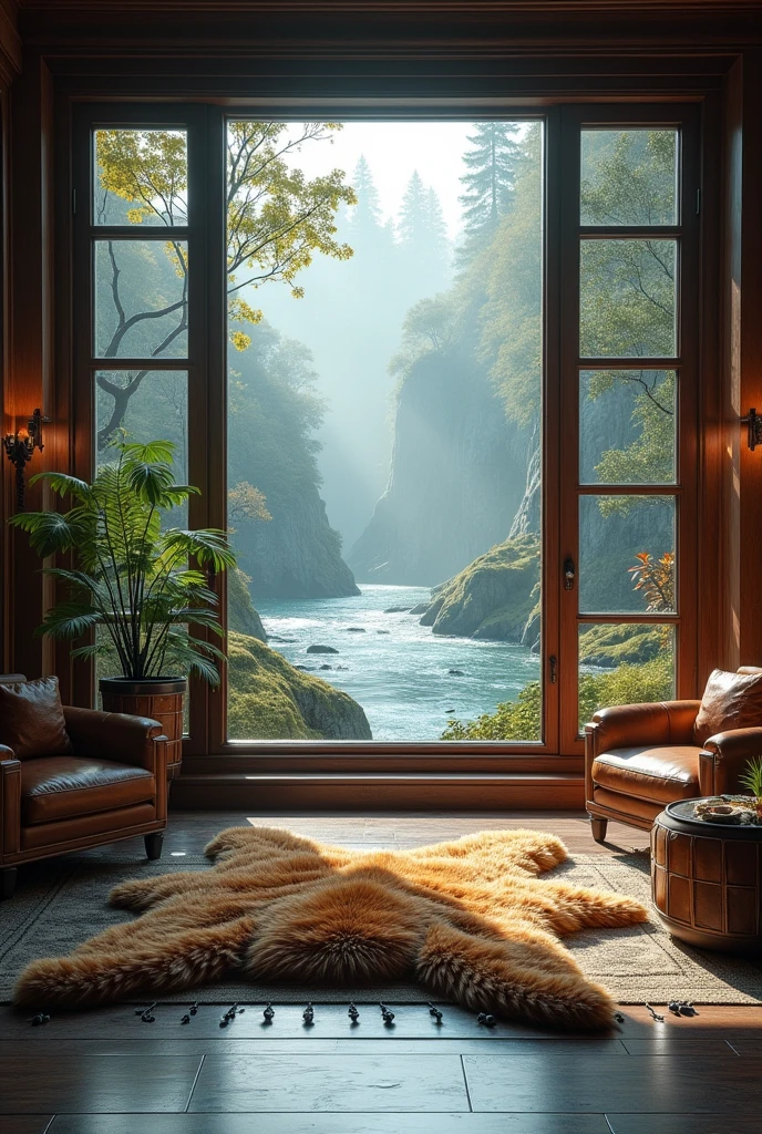 where you can see rain through the glass window, a rustic and luxurious room for the rich, and the room is large and through the window you can see the raindrops and in the window you can see a river with running water where the window is centered, a large room where there is a bear rug and you can see the raindrops through the window