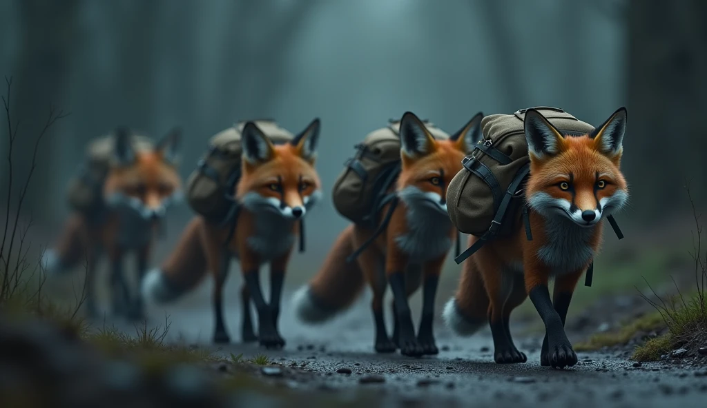 SEVERAL FOXES MOVING FORWARD OUT OF THE DARKNESS WITH BACKPACKS ON THEIR BACKS AFTER A SAD MOMENT
