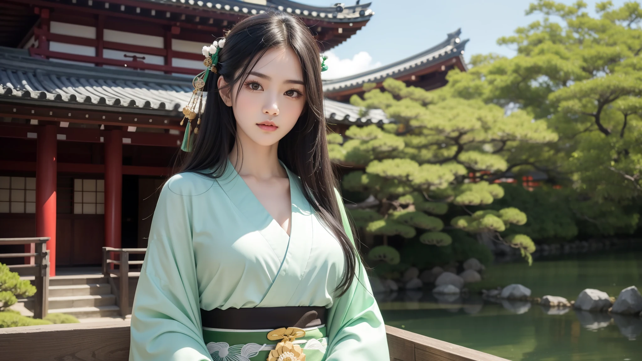 green base, Cute angry face, Pun Pun, 最high quality、high quality、Best image quality、8k、最High resolution、High resolution、temple, Realistic photos, Healthy body, Beautiful Eyes, Flowing black hair, Colorful kimono, Calm expression, Soft lighting, Traditional Japanese art style, Vibrant colors, Peaceful atmosphere, Delicate features, Graceful posture, Beautiful Landscape