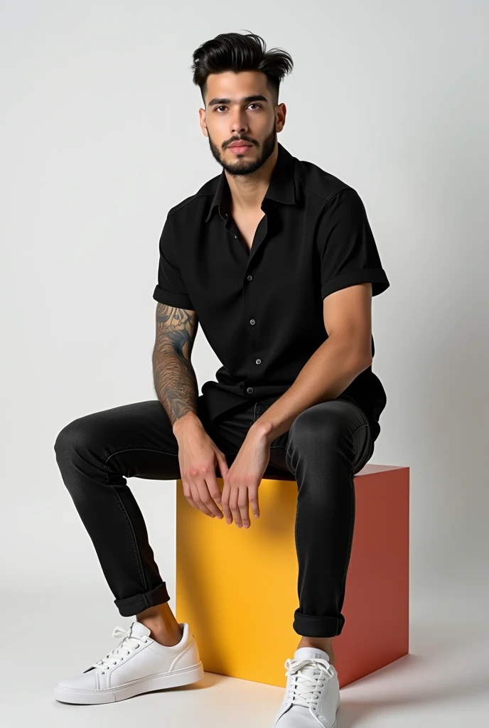 best qualityer:1.4), (ultra high resolution:1.2), (photorrealistic:1.4), (8k, CRU photo:1.2), 1 young man, 25 years old, with white skin. Straight black hair with a little volume. honey-colored eyes . He's wearing a black button-down shirt. black jeans pants. White sneakers. He is sitting on a colored cube. It is in a photography studio with a white background. He has a tattoo on his left arm. has beard. He is Brazilian