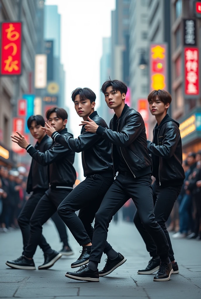 make me a prompt of a boy group in the street with complete body hands face and foot side view or front view whole body 