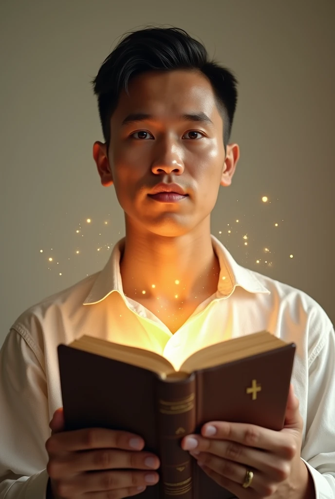 (photorealism:1.2), a young Filipino man holding a bible and his eyes shines like a light,and it is filled with the power of God