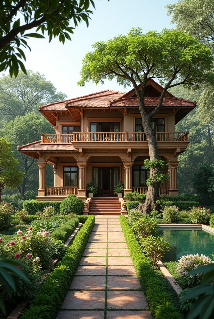 a good design Indian house with flower garden, kitchen garden, fruit garden, pond and tree house