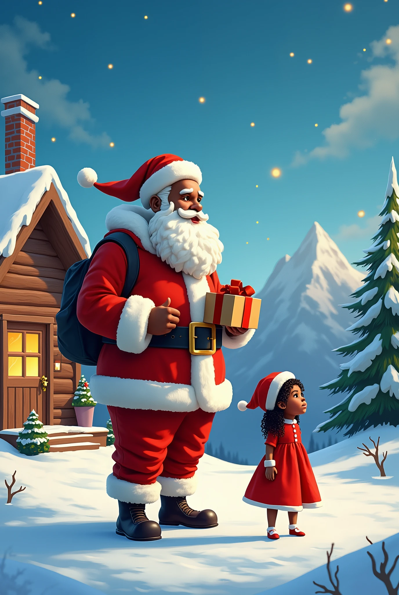 A vibrant and heartwarming holiday scene, illustration painted with a cinematic touch, depicts a unique Santa Claus, an African American man, standing in the snow with a young African American girl. Santa wears his traditional red and white attire, holding a gift box and a present as the girl, dressed in a red dress and hat. In the background, a cozy wooden cabin with a chimney and a decorated Christmas tree, snow-covered mountains and a clear blue sky with twinkling stars create a serene.