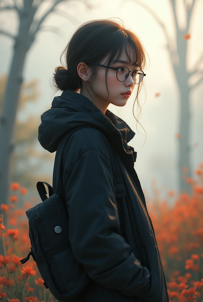 a girl standing outside, Wearing glasses, in a black jacket, ((by the wide)), an image inspired by Zou Zhe, tumblr, Realism, chen xintong, around 19 years, qichaowang, huifeng huang, zhelongxu, xiaofan zhang, pengzhenzhang, Zmonzheng, yihaoren, zezhou chen.