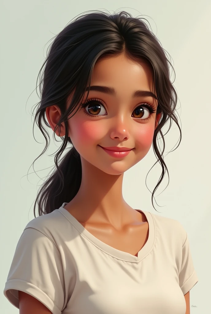 A detailed portrait of an 14-year-old female indian teenager. She has a  frame, a youthful glow to her complexion, expressive eyes filled with curiosity, and a dimpled smile. She has medium-length hair tied up in a casual ponytail. She is wearing a comfortable and stylis t shirt 