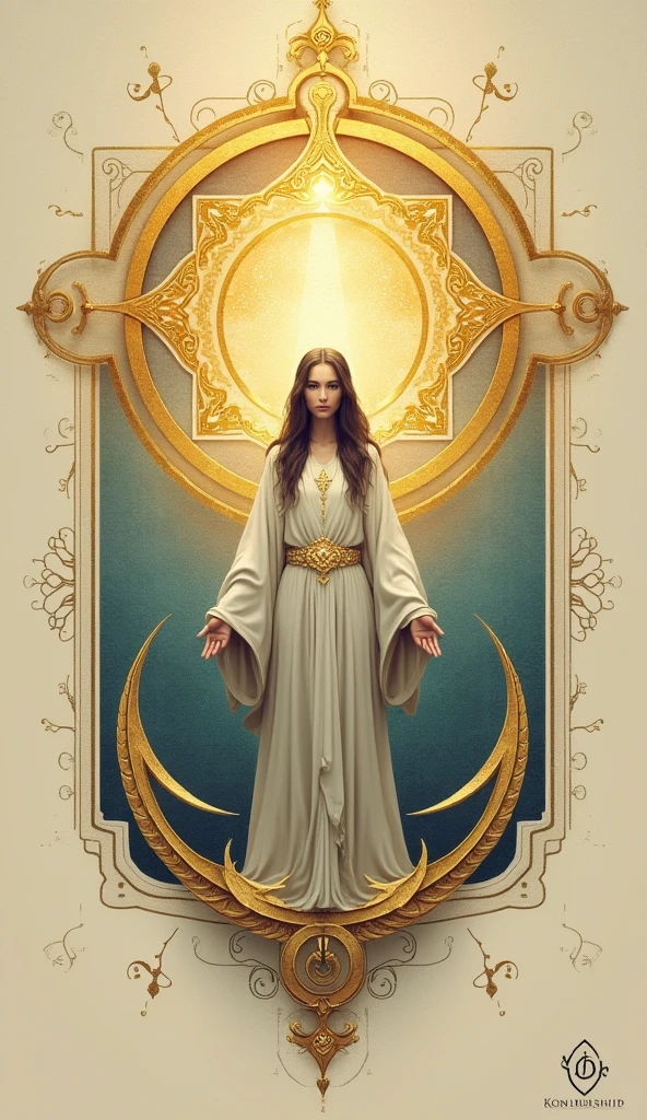 "Design a symbol for 'Kon Murshid ?' that embodies the essence of spiritual guidance and mysticism. The symbol should include a central Sufi-inspired figure with flowing robes, representing wisdom and spiritual journey. Surrounding the figure, incorporate subtle geometric patterns or calligraphic elements to reflect the deep connection with Islamic traditions. The overall design should feel mystical yet inviting, with a golden halo or crescent moon to symbolize enlightenment and divine guidance. The symbol should have an ethereal and timeless quality, with a balance of simplicity and intricate detail."