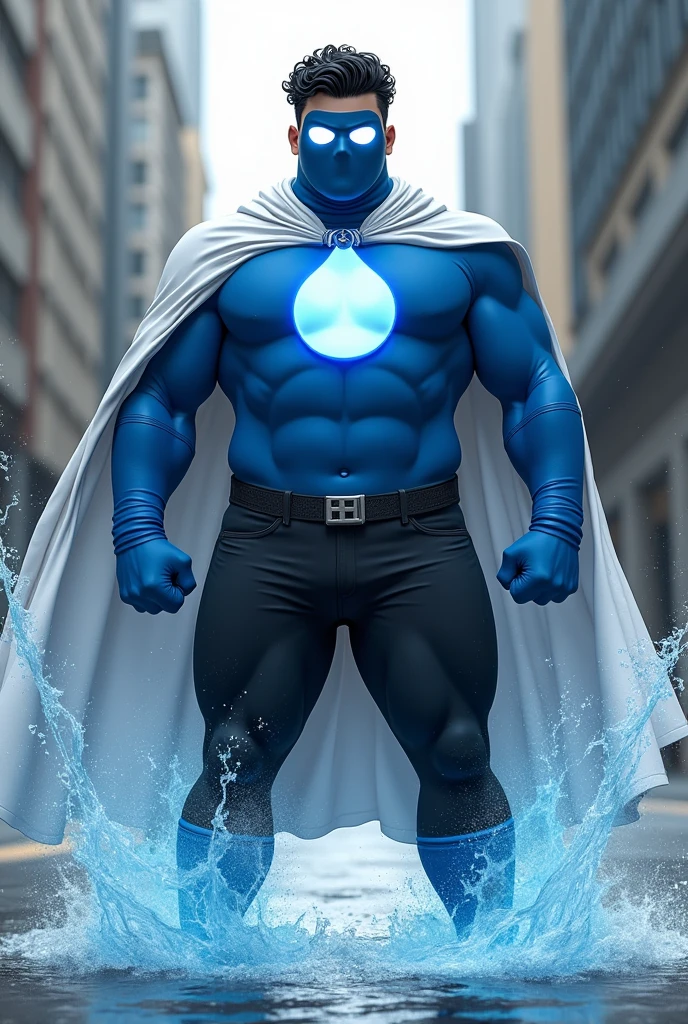 Create an image of a ager with water powers, This teen is wearing a costume with a blue shirt with the symbol of a white drop in the middle, he wears a blue mask with completely white eyes, and also wears black pants with a white cape, This teenager white skin and black hair, he is fat, and he has very curly, curly hair and very short hair.