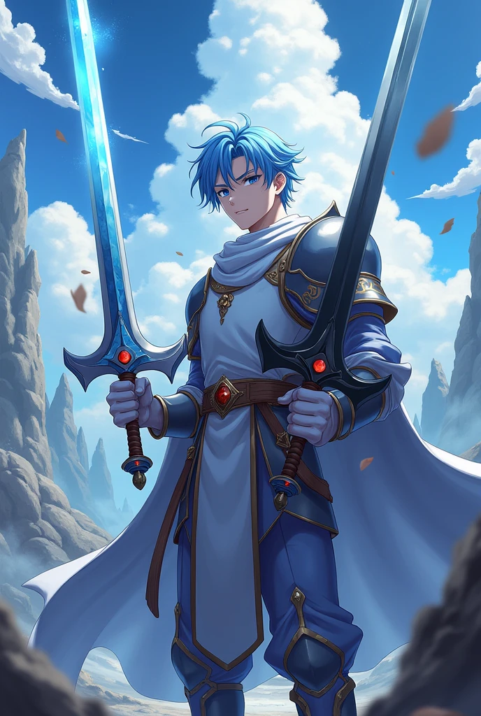 A male anime character with light blue hair. He is a brave knight. His weapons are two holy swords. The first one is a pure white sword with a light aura. The second one is a pitch-black sword with a dark aura.