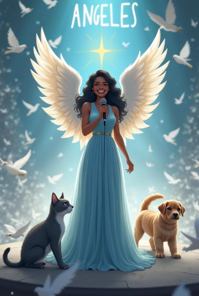 A 26-year-old girl with light dark skin color ,with big wings like an angel with a smile and has braces on his teeth , her black wavy hair with a long blue dress and high black heels like a Goddess on a stage full of doves with a microphone , Next to her are her 3 pets, a large gray angora kitten, lead-colored all over its body, and her other pet, which is a yellow and white kitten, her name is Nini, she is smaller, and her last pet, which is a large beige Golden puppy, his name is Osito, on stage he has a big name that says Angeles.