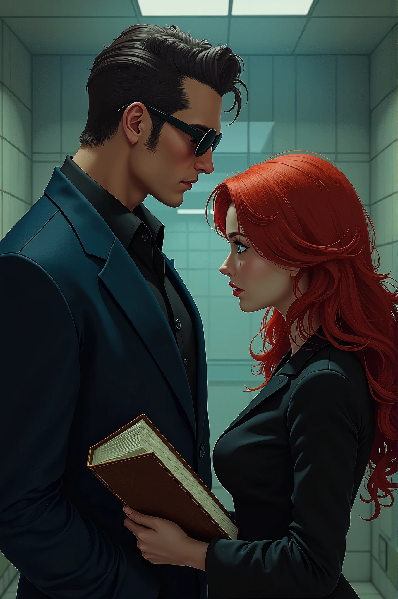 tall and strong man, dark brown hair, asymmetrical face, big lips wearing sunglasses, wearing typical police investigator clothes , looking at a red-haired woman with blue eyes holding a diary in her hands ( scenario an interrogation room)